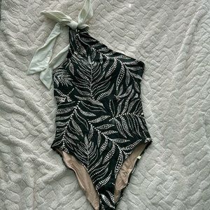 Summersault green and white one piece bathing suit with bow tie shoulder